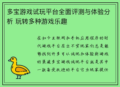 多宝游戏试玩平台全面评测与体验分析 玩转多种游戏乐趣
